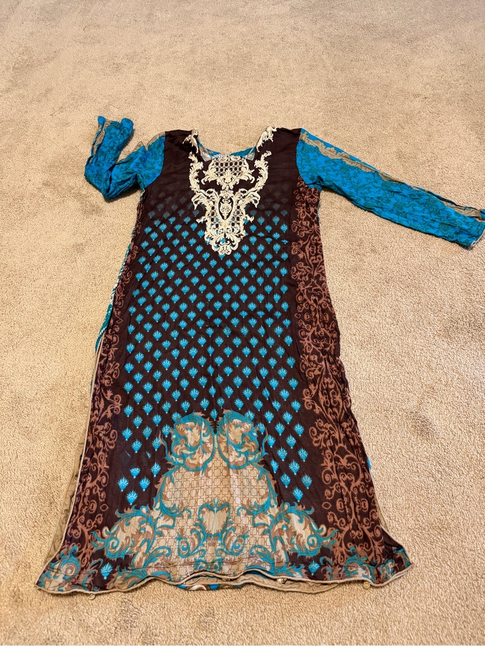 Turquoise and Brown Embroidered Kurta